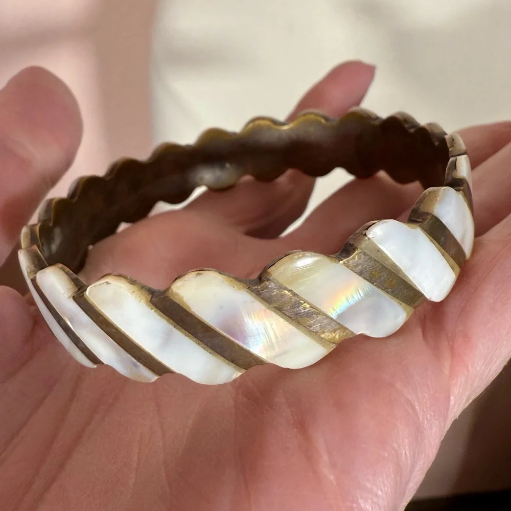 Vintage Mother of pearl brass scalloped art deco wide bangle bracelet